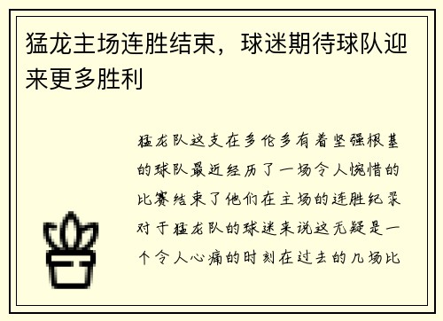 猛龙主场连胜结束，球迷期待球队迎来更多胜利